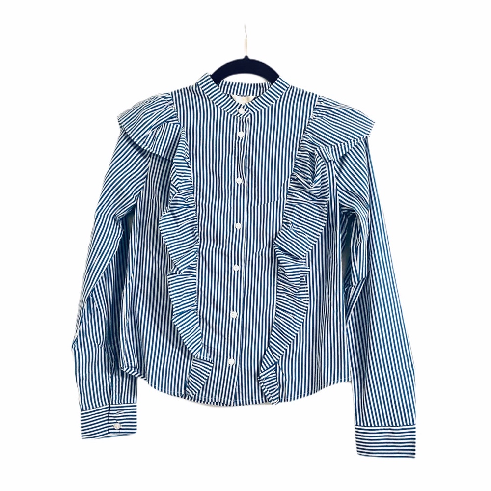 Forever 21 Blue Stripe Ruffle Botton Down Blouse